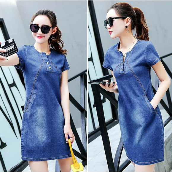 ĐẦM JEAN SUÔNG CỔ V ĐÍNH NÚT 